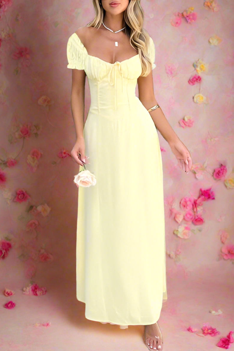 Aubrey Light Yellow A-line Maxi Wedding Gown or Bridesmaid Dress with Tied Bustier Style Sweetheart Neckline and Drop Basque Waist and Short Puff Sleeves by Devine - Orange Blossom Bridal.