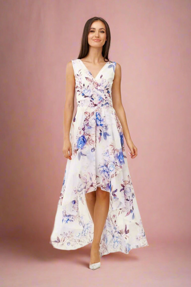 Audrey Blue Rose Floral Pattern Chiffon Faux Wrap A-line Maxi High-low Floral Sleeveless Wedding or Bridesmaid Dress with Surplice Neckline by Numoco - Orange Blossom Bridal.