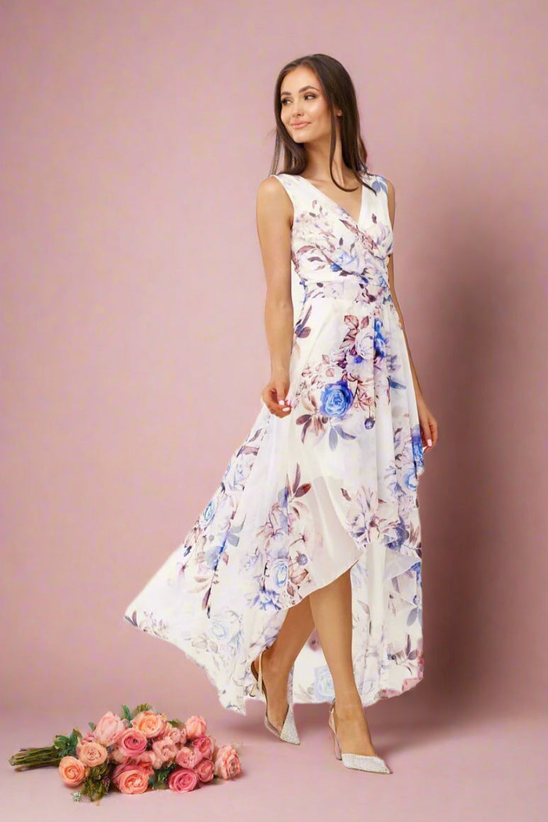 Audrey Blue Rose Floral Pattern Chiffon Faux Wrap A-line Maxi High-low Floral Sleeveless Wedding or Bridesmaid Dress with Surplice Neckline by Numoco - Orange Blossom Bridal.