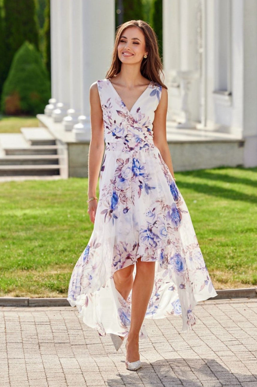 Audrey Blue Rose Floral Pattern Chiffon Faux Wrap A-line Maxi High-low Floral Sleeveless Wedding or Bridesmaid Dress with Surplice Neckline by Numoco - Orange Blossom Bridal.