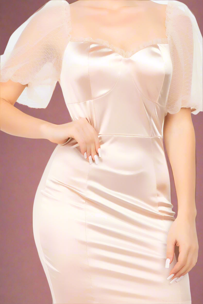 Ava Blush Short Mini Wedding or Bridesmaid Dress with Sheer Illusion Lace Puff Sleeves, Sweetheart Neckline, and Made with Stretch Satin - Orange Blossom Bridal.