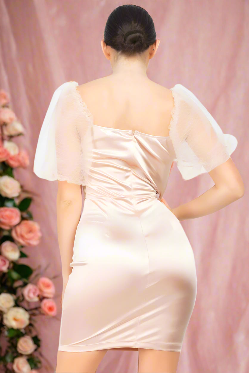Ava Blush Short Mini Wedding or Bridesmaid Dress with Sheer Illusion Lace Puff Sleeves and Made with Stretch Satin - Orange Blossom Bridal.