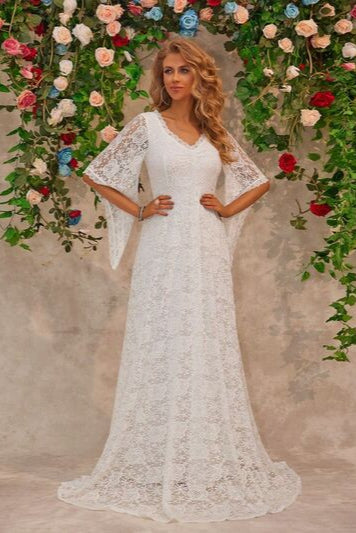 Avalon White All-over Lace V-Neckline Angel Sleeve Boho Floor Length Modest Medieval or Fantasy Style Wedding Gown with Train - Orange Blossom Bridal.