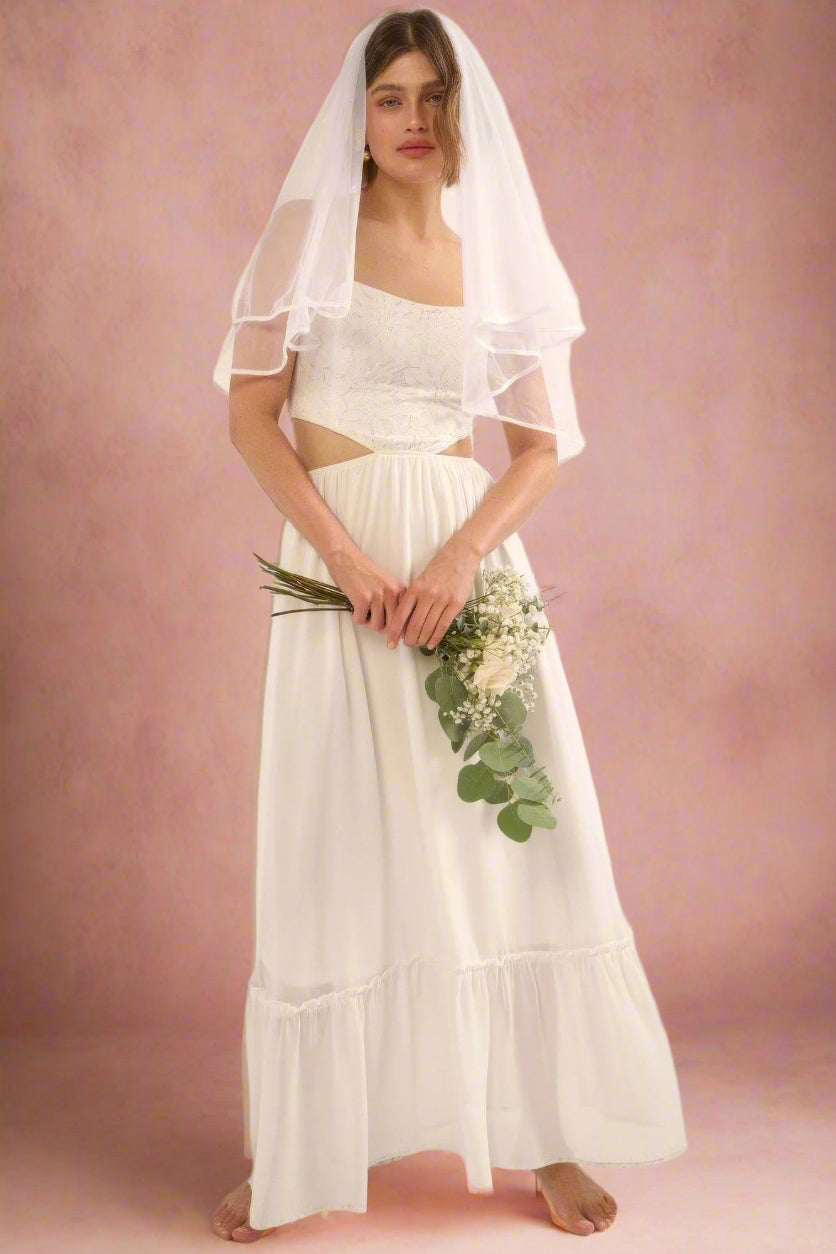 Ayanna Modern Boho White Column Wedding Dress with Floral Lace Bodice and Cutouts, Cat Eye Neckline, Spaghetti Straps, and Chiffon Prairie-style Skirt - Orange Blossom Bridal.