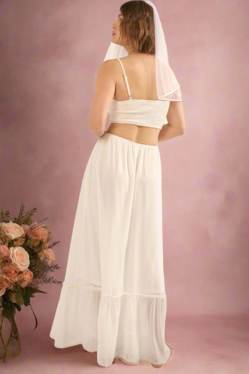 Ayanna Modern Boho White Column Wedding Dress with Smocked Back with Cutout, Adjustable Cami Straps, and Chiffon Prairie-style Skirt - Orange Blossom Bridal.