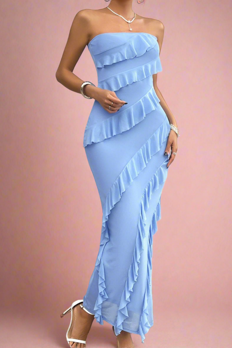 Bailey Light Blue Asymmetric Romantic Ruffled Strapless Sheath Maxi Wedding, Bridesmaid or Prom Dress by Devine - Orange Blossom Bridal