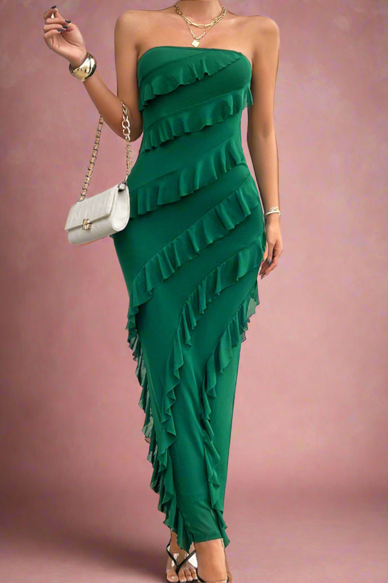 Bailey Emerald Green Asymmetric Romantic Ruffled Strapless Sheath Maxi Wedding, Bridesmaid or Prom Dress by Devine - Orange Blossom Bridal