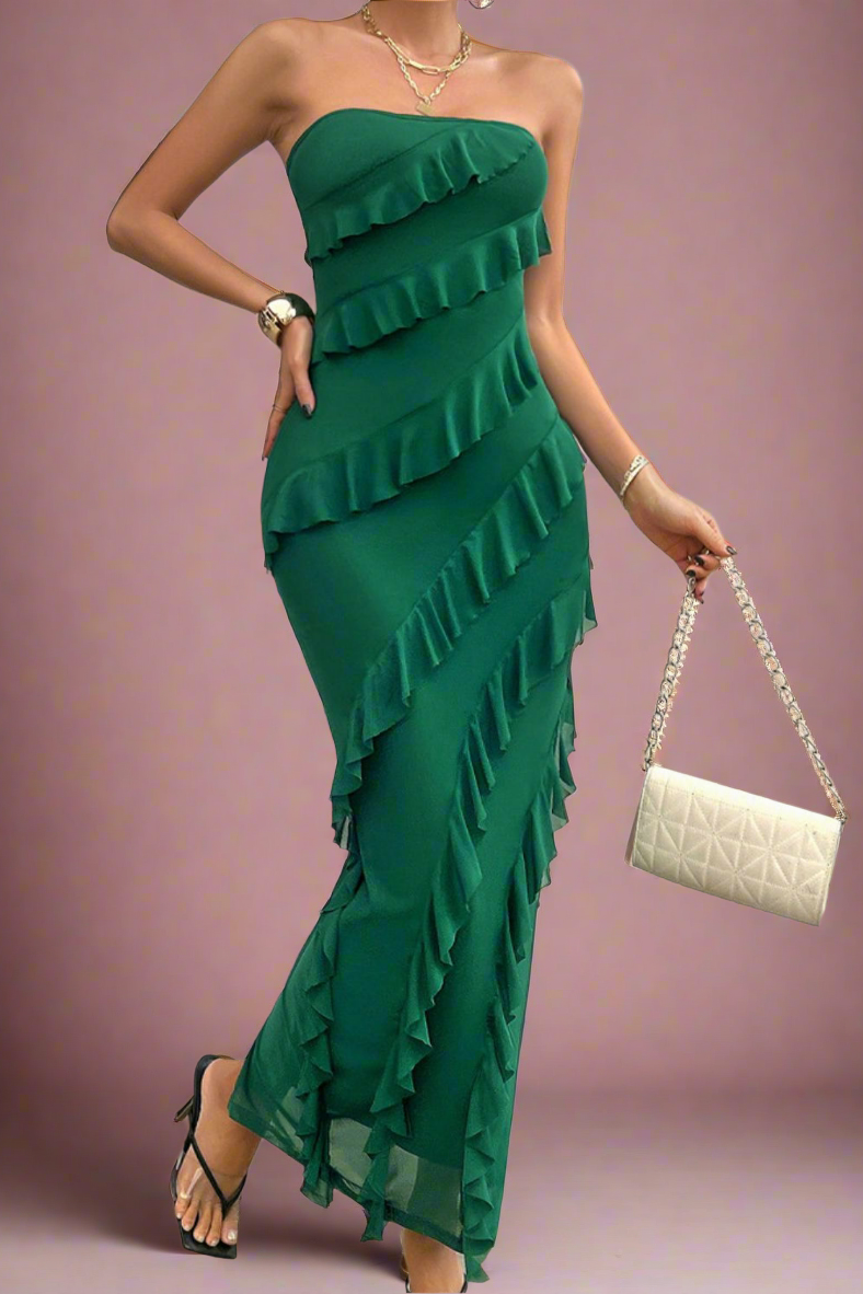 Bailey Emerald Green Asymmetric Romantic Ruffled Strapless Sheath Maxi Wedding, Bridesmaid or Prom Dress by Devine - Orange Blossom Bridal
