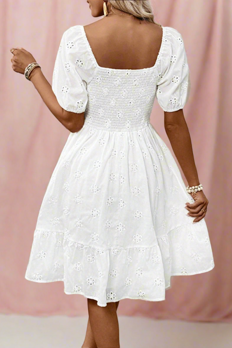 Bambi A-line White Smocked Eyelet Puffed Sleeve Knee-length Bustier Wedding Dress with Smocked Back - Orange Blossom Bridal