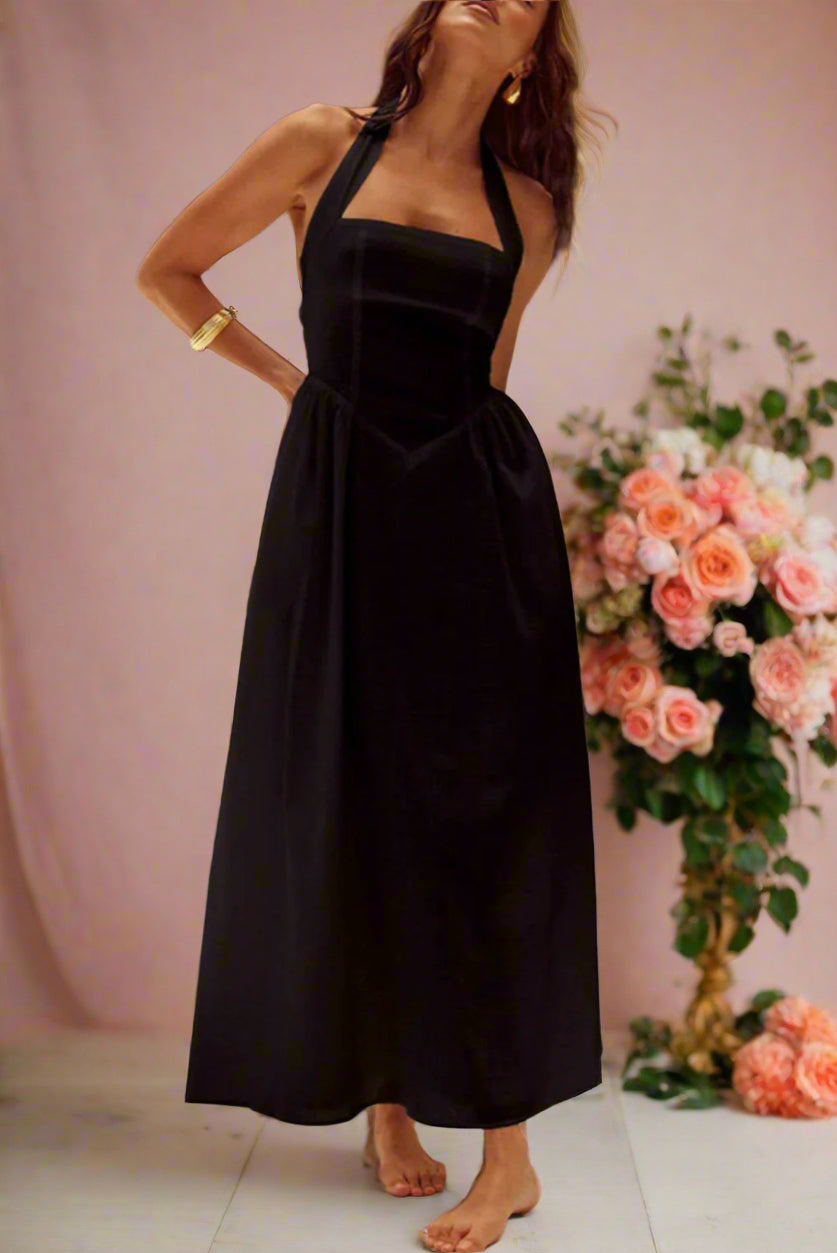 Beryl Black A-line Halter Neckline Midi Bridal Dress with Basque Waist and Pockets by Devine - Orange Blossom Bridal