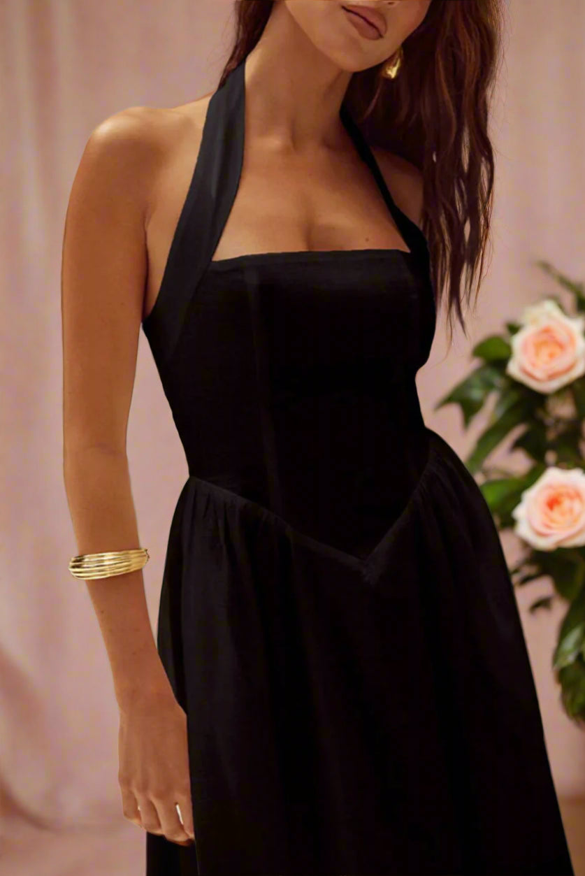 Beryl Black A-line Halter Neckline Midi Bridal Dress with Basque Waist and Pockets by Devine - Orange Blossom Bridal