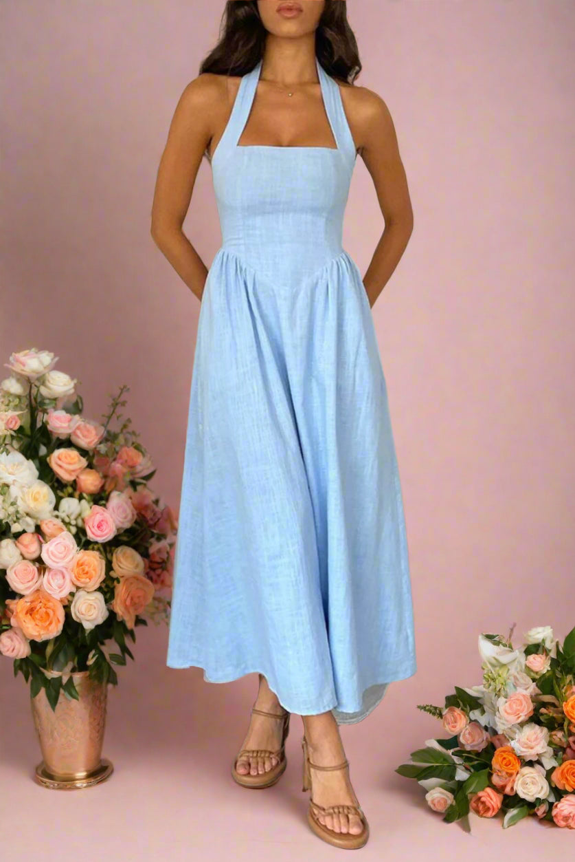 Beryl Light Blue A-line Halter Neckline Midi Bridal Dress with Basque Waist and Pockets by Devine - Orange Blossom Bridal