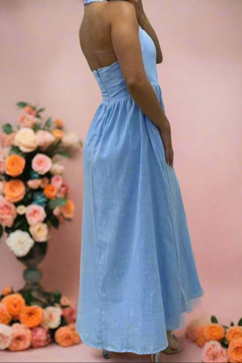 Beryl Light Blue A-line Halter Neckline Midi Bridal Dress with Basque Waist and Pockets by Devine - Orange Blossom Bridal
