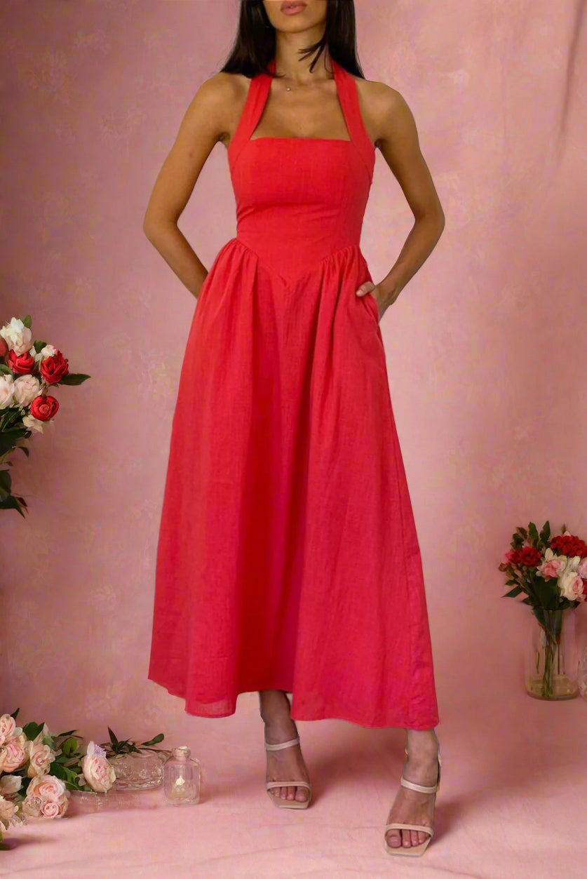 Beryl Red A-line Halter Neckline Midi Bridal Dress with Basque Waist and Pockets by Devine - Orange Blossom Bridal