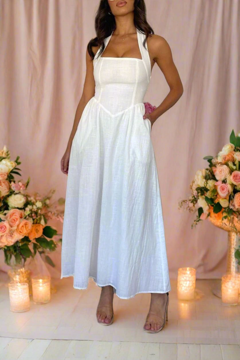 Beryl White A-line Halter Neckline Midi Wedding Dress with Basque Waist and Pockets by Devine - Orange Blossom Bridal