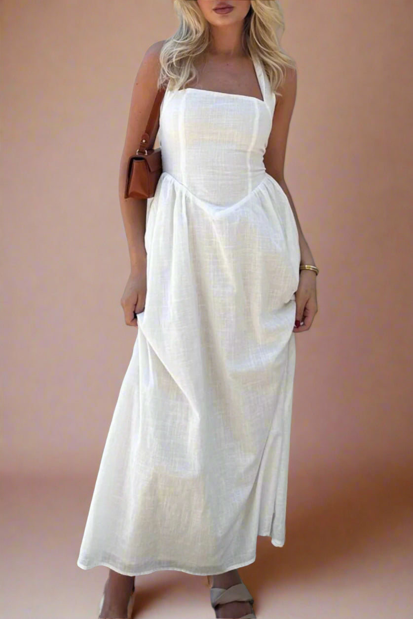 Beryl White A-line Halter Neckline Midi Wedding Dress with Basque Waist and Pockets by Devine - Orange Blossom Bridal