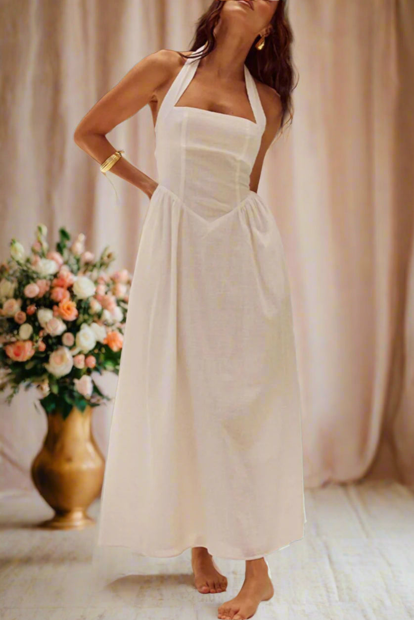 Beryl White A-line Halter Neckline Midi Wedding Dress with Basque Waist and Pockets by Devine - Orange Blossom Bridal