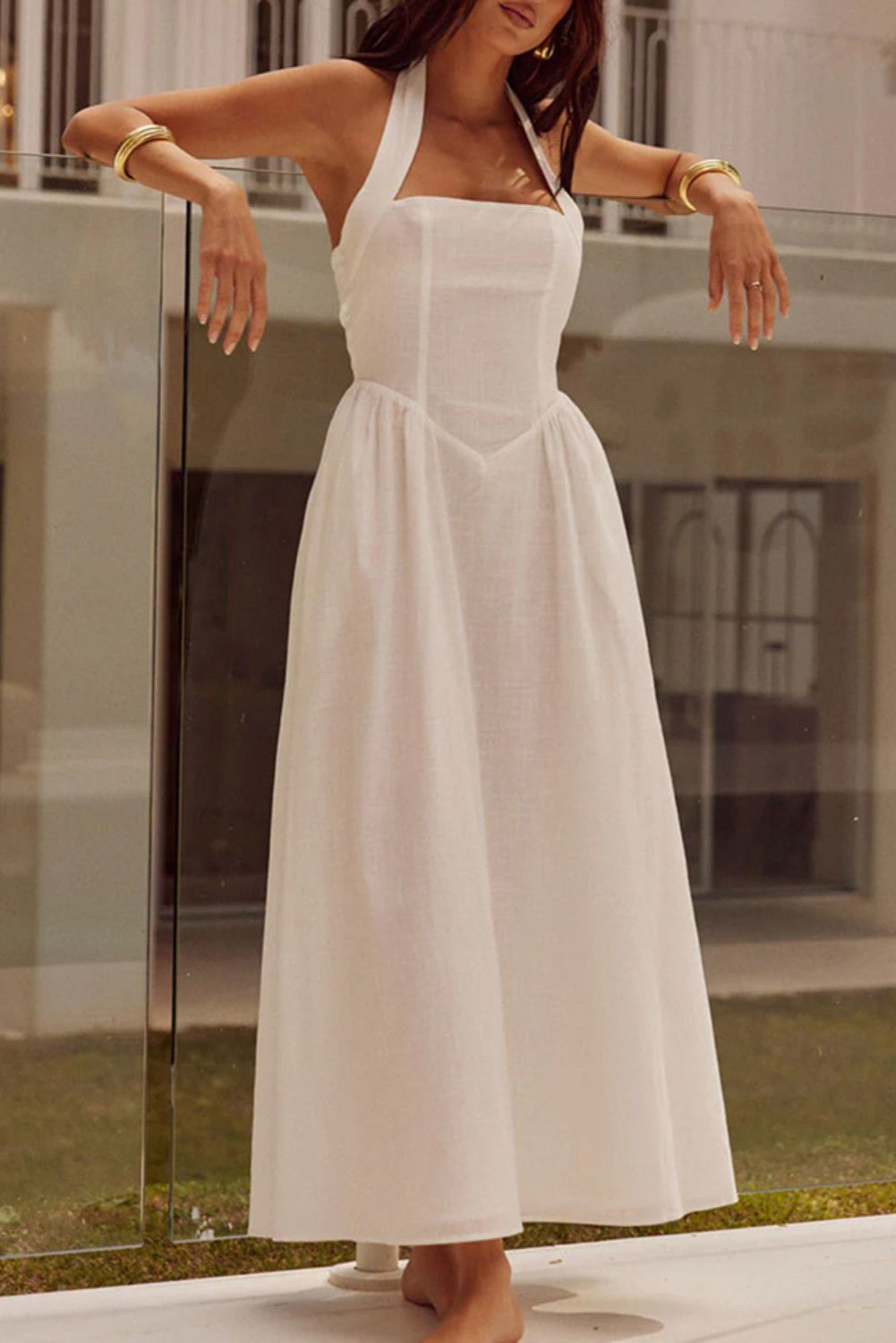 Beryl White A-line Halter Neckline Midi Wedding Dress with Basque Waist and Pockets by Devine - Orange Blossom Bridal