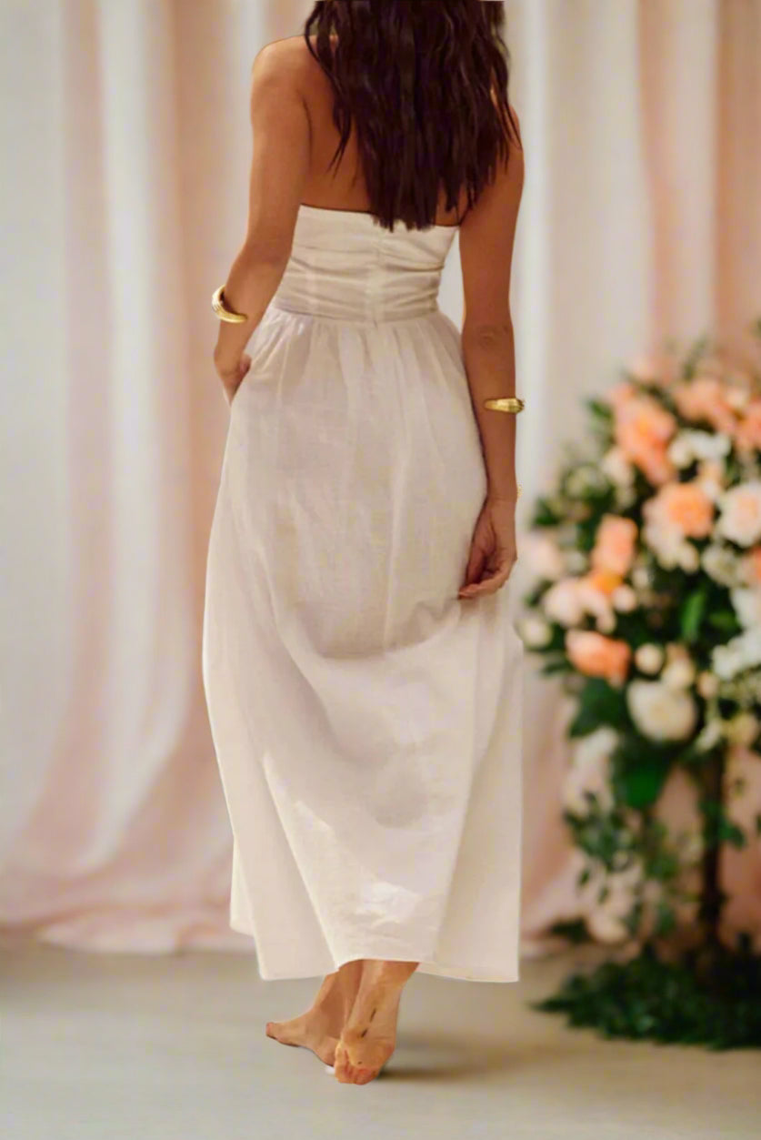 Beryl White A-line Halter Neckline Midi Wedding Dress with Pockets by Devine - Orange Blossom Bridal