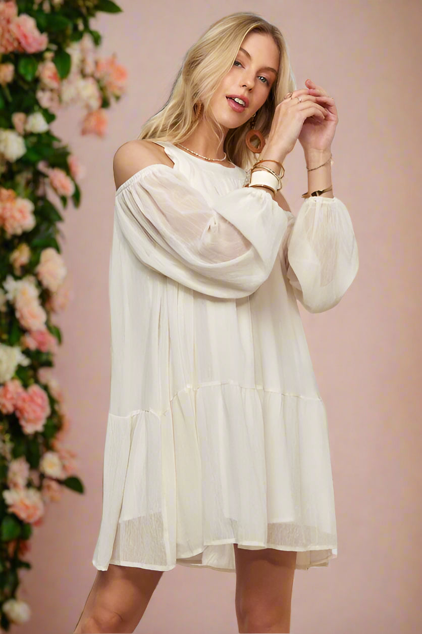 Bobbie Ivory Cold Shoulder Balloon Sleeve Mini Shift Wedding Dress with Flowy Tiered Skirt by ADORA - Orange Blossom Bridal