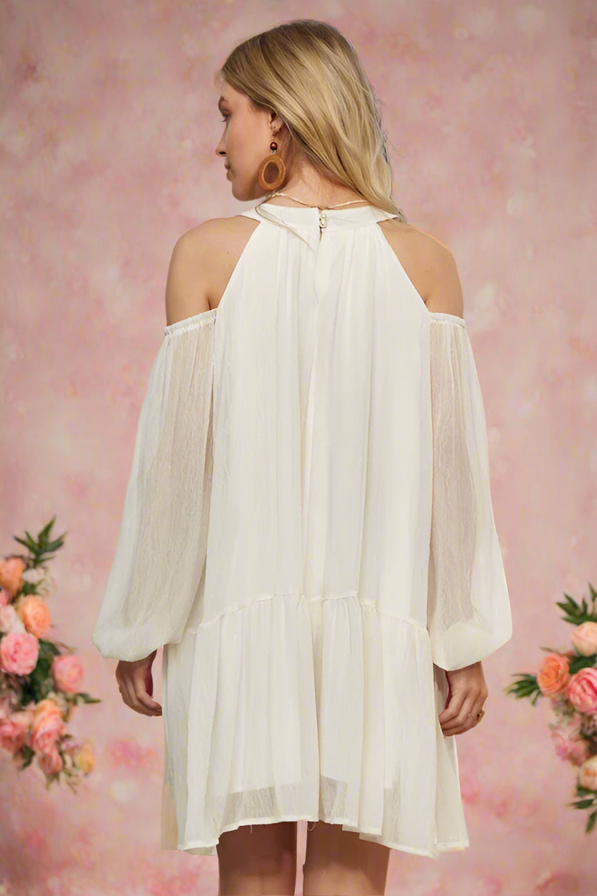 Bobbie Ivory Cold Shoulder Balloon Sleeve Mini Shift Wedding Dress with Flowy Tiered Skirt by ADORA - Orange Blossom Bridal