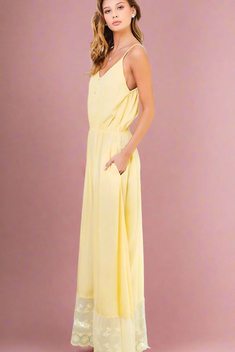 Buttercup Light Yellow A-line Maxi Romantic Boho Bridal Dress with Spaghetti Straps V-Neck Buttons Pockets and Sheer Lace Detail - Orange Blossom Bridal