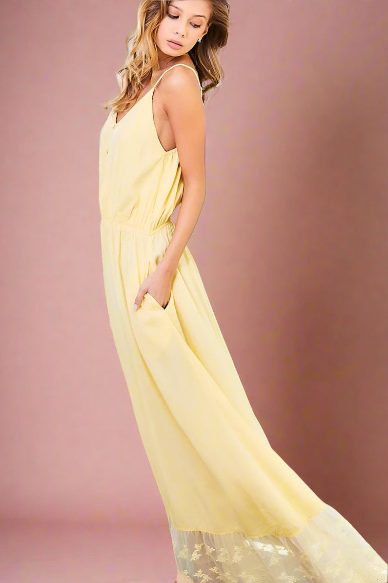 Buttercup Light Yellow A-line Maxi Romantic Boho Bridal Dress with Spaghetti Straps V-Neck Buttons Pockets and Sheer Lace Detail - Orange Blossom Bridal